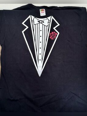 Fruit of the Loom Black Graphic Tuxedo Tee with Red Rose